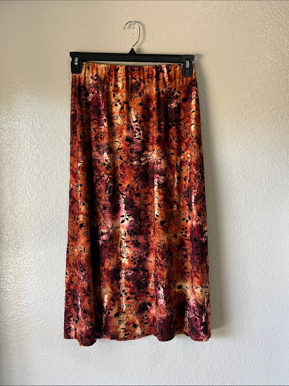 M S Velvet Floral Midi Skirt Rust Multi Sz MP Lightweight Whimsigoth Witchy Goth